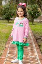Load image into Gallery viewer, This Girls Tractor Ruffle Legging Set from Trotter Street Kids combines playful style with comfortable wear. Featuring classic stripes and an eye-catching tractor applique with coordinating leggings, it brings fun to everyday outfits. Perfect for girls who love farmyard adventures.
