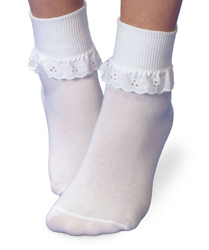 This eyelet lace sock is every girls go to sock accessory. A great sock to wear everyday and can be dressed up or worn with casual play clothes to make any outfit perfect. The perfect sock to pair with Mary Janes! Made with high quality cotton yarn to keep feet comfortable. Knit with just the right amount of spandex to keep socks on and in place. Sizes range from newborn baby, infant, toddler to big girl.