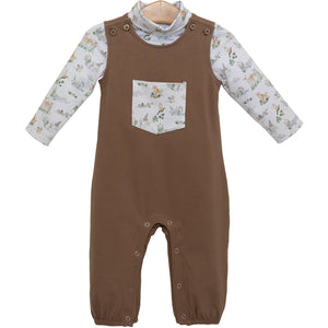 Dress your little one in cozy charm with the Woodland Friends Longall Set from Trotter Street Kids. This adorable set includes a soft brown longall featuring a playful printed front pocket, paired with a matching turtleneck adorned with delightful woodland creatures like ducks and deer. Perfect for infant boys, it combines comfort and cuteness, making it an ideal choice for everyday wear or special outings.