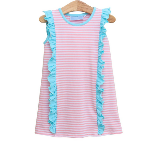 Introducing our Hazel Dress in light pink stripe and aqua, perfect for every day play! This adorable dress from Trotter Street Kids features pink and white stripes with pop of aqua ruffle details. Keep your toddler stylish and comfortable all day long.