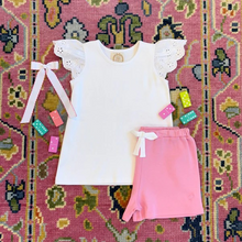 Load image into Gallery viewer, Elevate her wardrobe with Ellen's Eyelet White Knit Top by The Beaufort Bonnet Company. The darling eyelet flutter short sleeves add a touch of charm to this classic design, making it a versatile closet staple for spring and summer. A must-have for every little fashionista!
