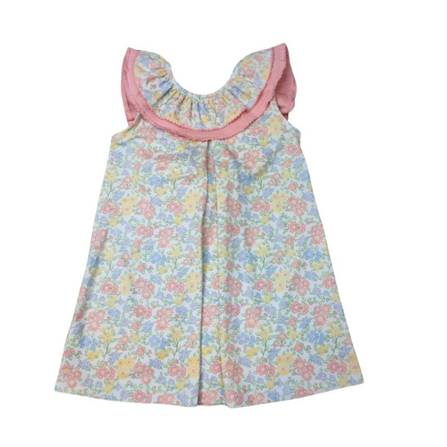 Get ready for spring with our Pastel Floral Dress with Back Bow from Delaney! This dress features a stunning pastel floral design, with a ruffle collar that wraps around to the back and connects with a delicate bow. Your little girl will look absolutely adorable in this dress, perfect for any occasion! 