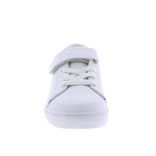 Load image into Gallery viewer, Footmates Reese White Leather Sneaker- Leather blucher oxford vulcanized sneaker featuring hook-and-loop closure and decorative elasticized false-laces.
Custom Fit System – Removable,&nbsp;dual&nbsp;insoles in Medium and Wide provided for customized fitting.
Roomy Toe Box – Allows tiny toes room to breathe and splay naturally during walking, enhancing balance and reducing rubbing, friction, and moisture.
Arch Support – Shoe last and insole designed to provide proper arch support for developing feet.
Firm He
