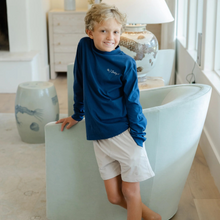 Load image into Gallery viewer, Beautifully painted pointer dogs decorate this timeless Long-Sleeve T-shirt, which is navy blue in color. It offers casual charm and daily comfort because it is made of soft and breathable cotton. This t-shirt is perfect for weekend wear and dog lovers. It looks great with jeans or joggers and its loose shape allows active kids to move freely throughout the day.

