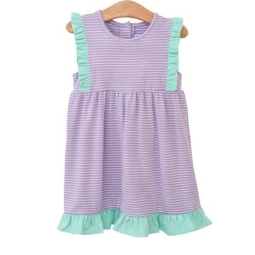 The Josie Dress from Trotter Street kids is the perfect playtime dress for toddler girls. Featuring a charming lavender and white stripe pattern with a playful mint ruffle detail and hem, this dress is both comfortable and stylish. Your little one will love wearing it every day!