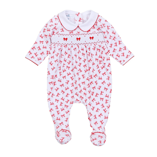 Dress your little one in the Infant Girls Scarlett Bows Smocked Footie, crafted from ultra-soft 100% Pima Cotton to keep delicate skin cozy and comfortable. Its charming red bows print adds a playful yet elegant touch, while the delicate smocked chest detail enhances its timeless appeal. Finished with refined red picot trim on the collar and cuffs, this footie blends classic style with everyday comfort effortlessly—perfect for your baby's most precious moments.
