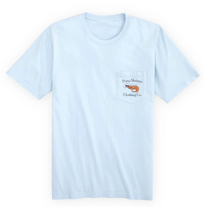 Introducing the Youth Chambray Short Sleeve Pocket T-Shirt from Boys Classic Pimp Shrimp Clothing Co! This stylish tee features a unique shrimp design on the back and a convenient pocket on the front. Perfect for all-day comfort and cool, casual style.