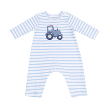 Load image into Gallery viewer, Dress your little one in comfort and charm with the Mini Tractor Applique Striped Romper by Angel Dear. Crafted from ultra-soft modal fabric, it ensures gentle wear on delicate skin. Convenient shoulder and leg snaps make diaper changes and dressing effortless, while the adorable tractor applique adds playful style your baby will love. Perfect for both everyday wear and special moments.

