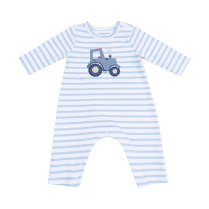 Dress your little one in comfort and charm with the Mini Tractor Applique Striped Romper by Angel Dear. Crafted from ultra-soft modal fabric, it ensures gentle wear on delicate skin. Convenient shoulder and leg snaps make diaper changes and dressing effortless, while the adorable tractor applique adds playful style your baby will love. Perfect for both everyday wear and special moments.