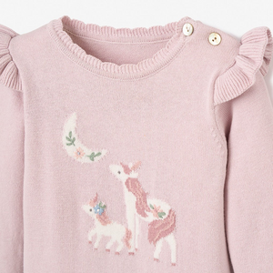 The Violet Unicorn Knit Jumpsuit Romper from Elegant Baby is the perfect outfit for your little one this fall. Made of soft knit material, it features a cute unicorn detail and ruffles, providing both comfort and style. Dress your infant in this cozy and elegant romper for any occasion.&nbsp;