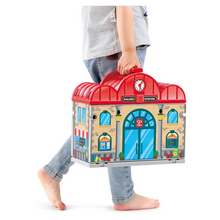 Load image into Gallery viewer, Bring the thrill of train travel home with the Portable Train Station Set by Hape. Featuring 41 pieces, including a 3-car train, tracks, a conductor, and fun accessories, this set sparks endless creative play. Its clever design transforms the station into a portable carrying case, making cleanup simple and travel hassle-free. Ideal for children ages 3 and up, it’s the perfect way to keep playtime organized and exciting wherever you go.
