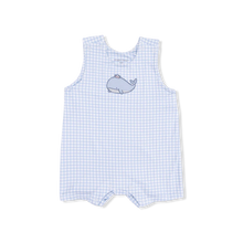 Load image into Gallery viewer, Dress your little one in the charming Bubbly Sailor Whales Jon Jon by Angel Dear. This blue gingham outfit, adorned with an adorable whale design, perfectly blends classic style with playful whimsy. Your infant boy will not only look delightful but will also feel comfortable throughout the day!
