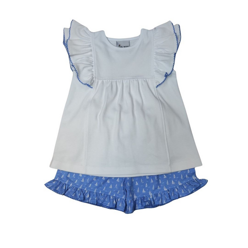 Get ready to set sail in style with our Flutter Sleeve Sailboat Ruffle Short Set! This adorable ensemble features a white knit top with charming ruffle sleeves and a playful sailboat print ruffle hem on the shorts. With a touch of whimsy and a whole lot of charm, this set is perfect for your little one's summer adventures. Order now and let the fun begin!