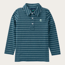 Load image into Gallery viewer, Meet your new favorite classic: the Boys' Long Sleeve Cotton Polo in Tapestry Blue and Mist Green Stripe. Designed from a premium blend of cotton and spandex for all-day comfort and just the right amount of stretch. Whether he's headed to church, school, or the golf course with Dad, this polo allows him to look polished and playful at the same time.
