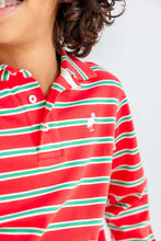 Load image into Gallery viewer, Prim &amp; Proper Polo in holiday stripes is the perfect holiday look to take him from Christmas photos to school events to Christmas dinner. The crisp Richmond Red and Kiawah Kelly Green stripe brings festive cheer to every occasion. Soft, breathable fabric keeps him comfortable whether he's posing for the camera or playing with family. A timeless piece that transitions seamlessly through the season.
