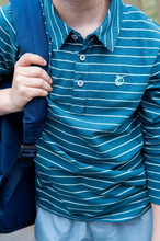 Load image into Gallery viewer, Meet your new favorite classic: the Boys' Long Sleeve Cotton Polo in Tapestry Blue and Mist Green Stripe. Designed from a premium blend of cotton and spandex for all-day comfort and just the right amount of stretch. Whether he's headed to church, school, or the golf course with Dad, this polo allows him to look polished and playful at the same time.
