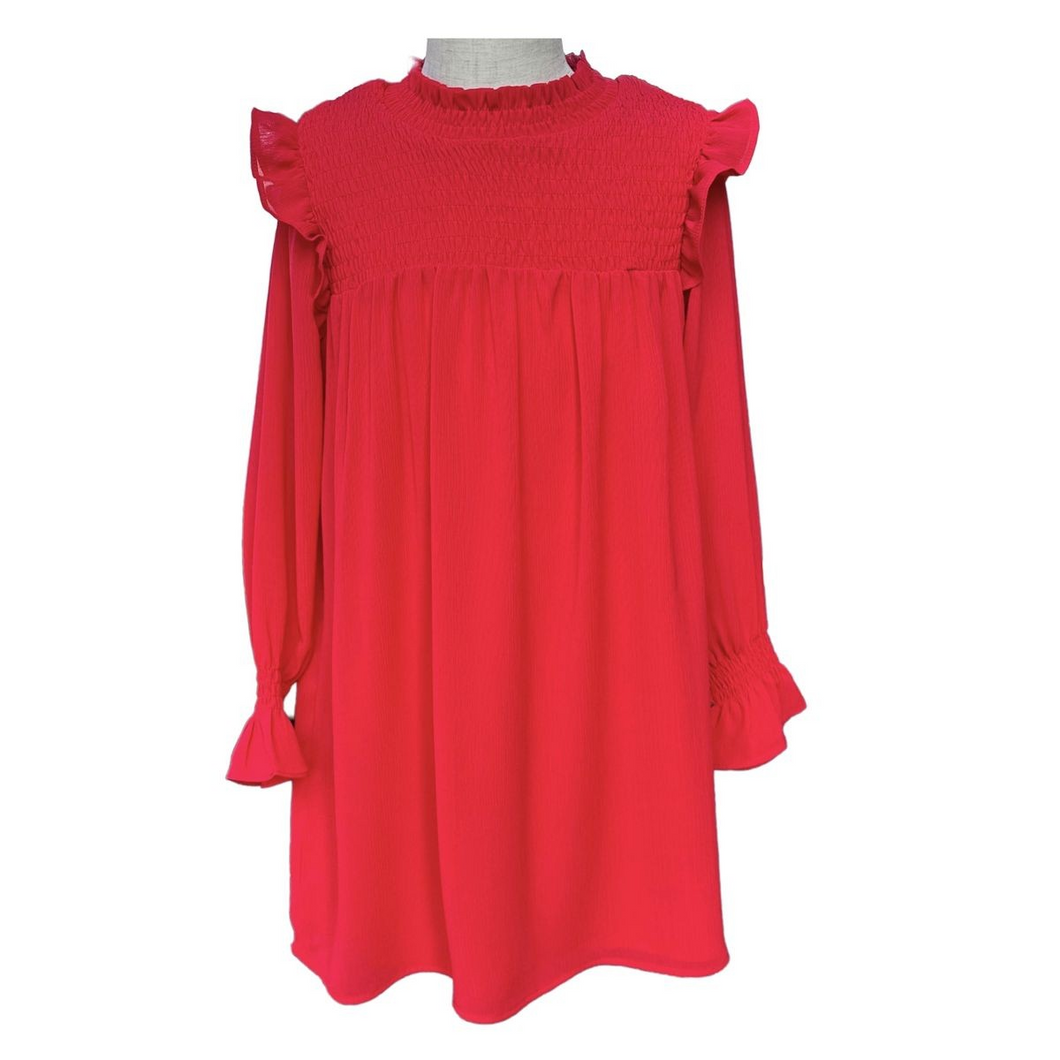 Radiate elegance and grace with our Lottie Dress in Red from Pleat. Made with a chiffon-like fabric, smocked bodice, and ruffle long sleeves, this dress is perfect for tween girls. Whether it's a special event or a day out, this versatile dress will have you looking and feeling your best this winter.