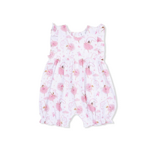 Load image into Gallery viewer, Embrace the joy of spring and summer with the Ballerina Ruffle Romper by Angel Dear! This delightful play suit, adorned with a charming ballerina print, is not only breathable but also designed to keep your little one feeling comfortable and stylish. Its adorable ruffles will make every moment a dance party!
