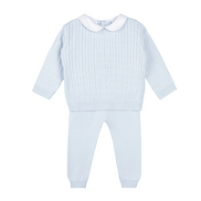 Load image into Gallery viewer, Dress your little boy in classic charm with this Boys Peter Pan Cable Knit Set from Feltman Brothers. Featuring a timeless cable knit pattern and a contrasting Peter Pan collar, this set offers both style and comfort. Perfect for special occasions or as a thoughtful baby shower gift, it combines tradition with a sweet, enduring look that parents will love.
