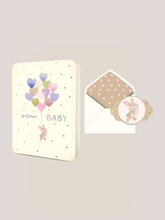 Load image into Gallery viewer, Welcome Baby Heart Balloons Greeting Card is perfect to add to your gift wrapped item!
