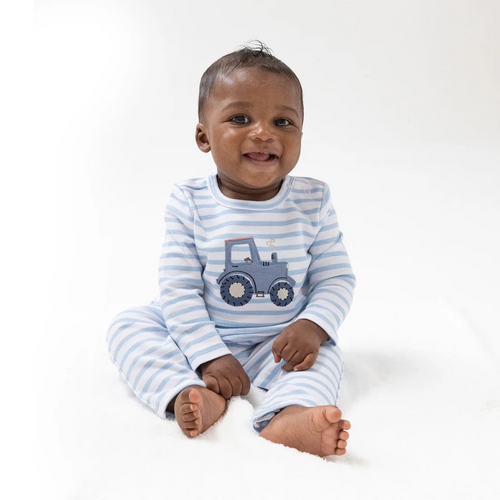 Dress your little one in comfort and charm with the Mini Tractor Applique Striped Romper by Angel Dear. Crafted from ultra-soft modal fabric, it ensures gentle wear on delicate skin. Convenient shoulder and leg snaps make diaper changes and dressing effortless, while the adorable tractor applique adds playful style your baby will love. Perfect for both everyday wear and special moments.