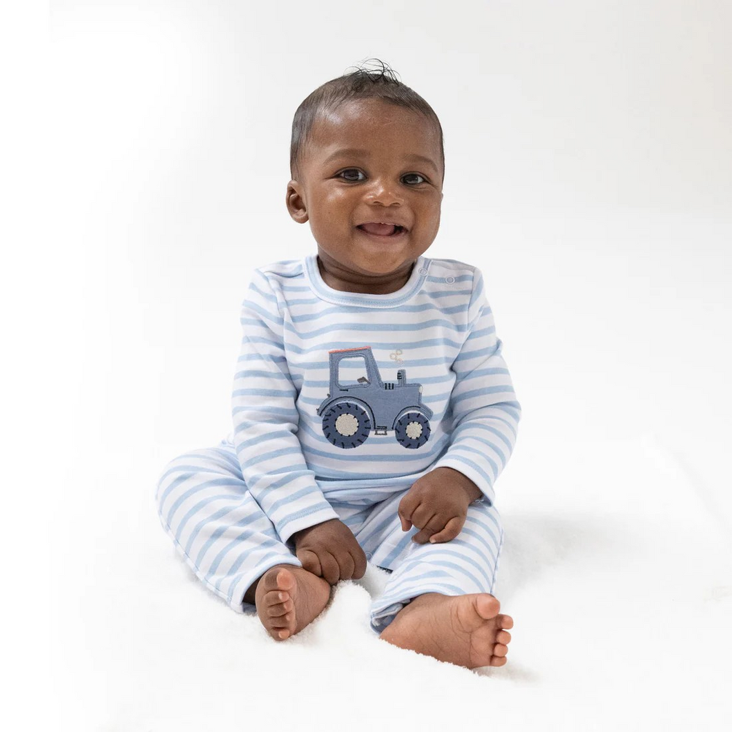 Dress your little one in comfort and charm with the Mini Tractor Applique Striped Romper by Angel Dear. Crafted from ultra-soft modal fabric, it ensures gentle wear on delicate skin. Convenient shoulder and leg snaps make diaper changes and dressing effortless, while the adorable tractor applique adds playful style your baby will love. Perfect for both everyday wear and special moments.