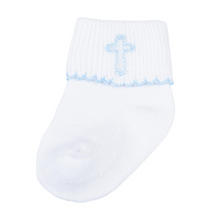 Load image into Gallery viewer, Complete your little one&#39;s Sunday outfit with our Blessed Embellished Socks from Magnolia Baby. Available with blue or pink embellishment and a matching cross, these socks are the perfect addition to our Blessed collection. Keep your little one&#39;s feet cozy and stylish every Sunday! Available in pink or blue.
