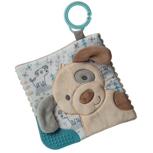 A true standalone item – part soother, part activity toy. A soothing activity toy for curious babies. Simple activity toy with sewn in teether and colorful embroidery. Each Crinkle Teether has fun character appliques and colorful patterns. Baby safe embroidered details.