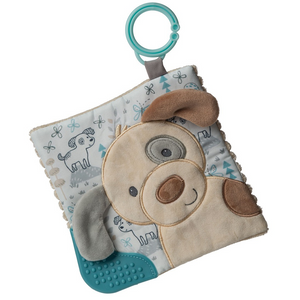A true standalone item – part soother, part activity toy. A soothing activity toy for curious babies. Simple activity toy with sewn in teether and colorful embroidery. Each Crinkle Teether has fun character appliques and colorful patterns. Baby safe embroidered details.