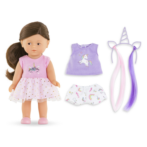 Mini Corolline Romy Unicorn Doll, a petite 8-inch doll ready to offer for any gift-giving occasion. The doll has an all-vinyl body that is soft to the touch and delicately scented with vanilla.  At just 8 inches tall, Mini Corolline is the ideal size to slip into a bag or backpack and accompany your child all day long. Every child can choose their favorite Mini Corolline doll or collect all four! Ages 3 and up.
