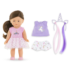 Mini Corolline Romy Unicorn Doll, a petite 8-inch doll ready to offer for any gift-giving occasion. The doll has an all-vinyl body that is soft to the touch and delicately scented with vanilla. &nbsp;At just 8 inches tall, Mini Corolline is the ideal size to slip into a bag or backpack and accompany your child all day long. Every child can choose their favorite Mini Corolline doll or collect all four! Ages 3 and up.