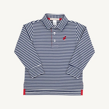 Load image into Gallery viewer, Our Long Sleeve Prim and Proper Polo &amp; Onesie in Nantucket Navy Stripe with Richmond Red Stork is a must-have for this fall season. He can dress it up or dress it down while looking so handsome!
