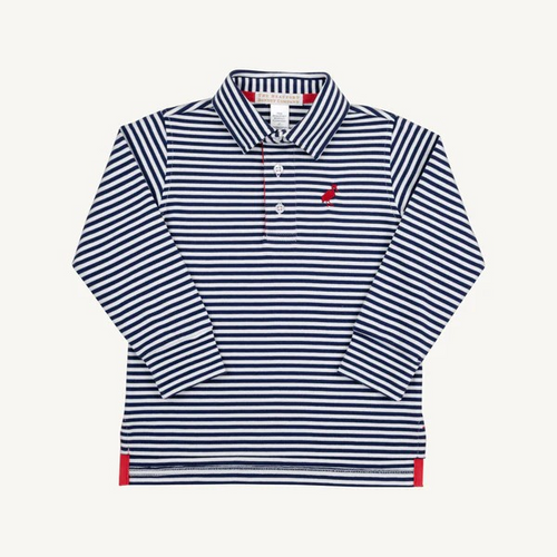 Our Long Sleeve Prim and Proper Polo & Onesie in Nantucket Navy Stripe with Richmond Red Stork is a must-have for this fall season. He can dress it up or dress it down while looking so handsome!