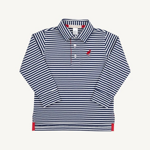 Our Long Sleeve Prim and Proper Polo & Onesie in Nantucket Navy Stripe with Richmond Red Stork is a must-have for this fall season. He can dress it up or dress it down while looking so handsome!