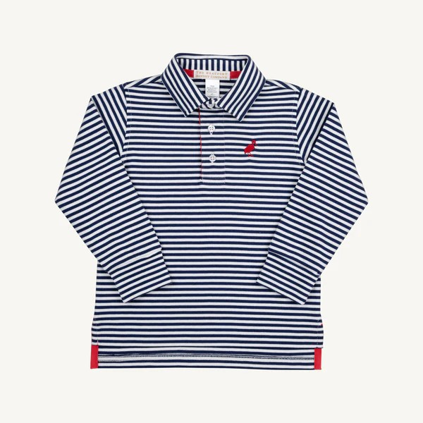 Our Long Sleeve Prim and Proper Polo & Onesie in Nantucket Navy Stripe with Richmond Red Stork is a must-have for this fall season. He can dress it up or dress it down while looking so handsome!