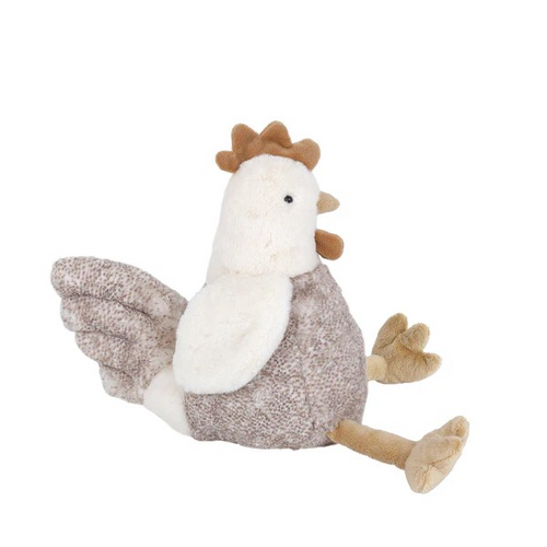There's a new addition to Mon Ami's fabulous farm: Hester the hen stuffed toy. Super cuddly in a beautiful cream and cocoa color palette with a fiery comb on the top of her adorable head, our covetable hen plush toy is an essential for every child's collection. Plopped in the playpen or situated on a shelf in the nursery, this charming hen stuffed animal brings endless smiles and hours of amusement. Measures 13 in / 33 cm.