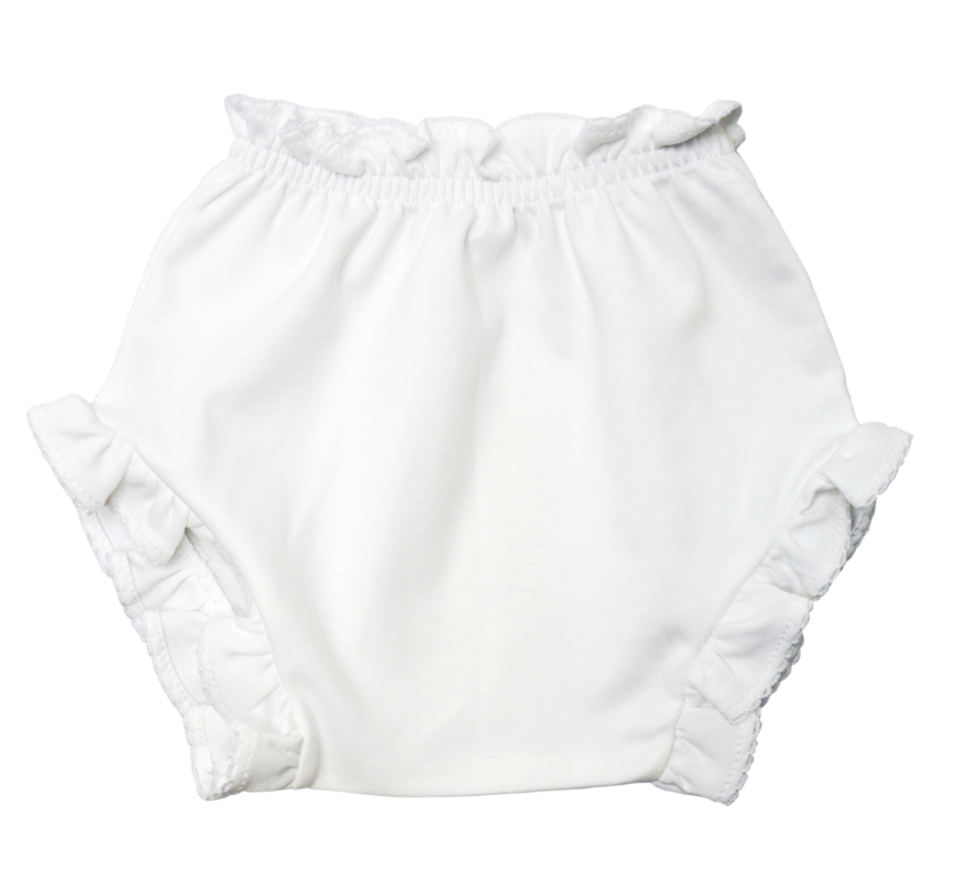 Crafted with breathable and lightweight material, these bloomers will keep your baby feeling fresh and cool even in the humidity and heat of summer sunshine. Perfect for a monogram to make these the perfect personalized gift. The added ruffled edge detail is a sweet addition to these classic bloomers.