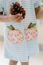 Load image into Gallery viewer, Dress your little one in cozy charm with the Pumpkin Amelia Dress from Zuccini Kids. This knit dress features delicate mint and white stripes, a sweet peter pan collar, and charming pumpkin appliques—perfect for keeping your toddler girl comfortable and stylish on cooler days. Its soft fabric and thoughtful design make it a must-have for your little girl&#39;s fall wardrobe.

