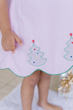 Load image into Gallery viewer, Celebrate the season in style with the Girl&#39;s Pink Christmas Tree Kendall Dress by Zuccini Kids. This charming light pink A-line dress features a delicate white peter pan collar with scalloped edges and intricate embroidery. Festive Christmas trees embroidered along the scalloped hem add a whimsical holiday touch, perfect for special occasions and holiday photos.&nbsp;
