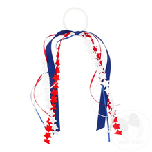 Load image into Gallery viewer, Full of patriotic spirit and cheer-ready style, this linen bow features a bold red, white, and blue ric-rac layer atop a crisp linen underlay. It’s a standout look for parades, parties, team events, and every star-spangled celebration of the season. This bow is sure to stay in her hair all day with the patented WeeStay™ no-slip hair clip.
