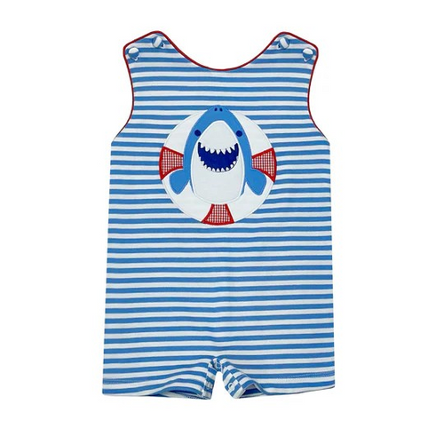 This eye-catching Shark Knit Shortall combines playful style with comfort for your little one. The charming blue and white striped pattern is perfectly complemented by an adorable shark applique that's sure to make a splash. Made from soft, quality knit fabric, this shortall is ideal for everyday wear, special occasions, or those precious photo moments. Don't miss the chance to dress your little boy in this irresistibly cute outfit!