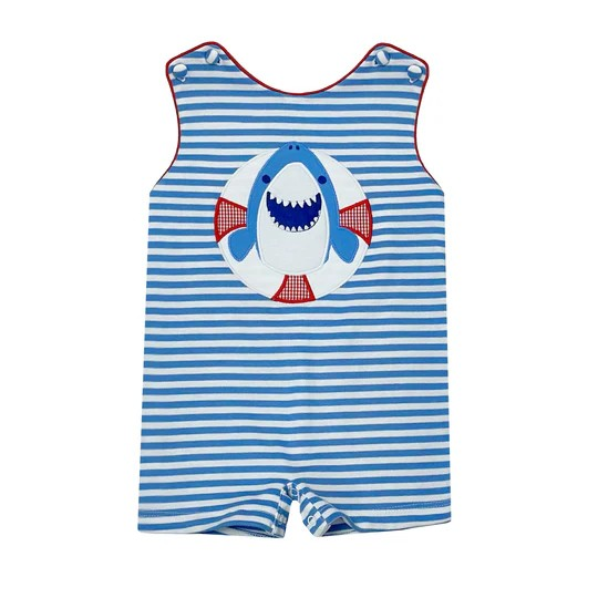 This eye-catching Shark Knit Shortall combines playful style with comfort for your little one. The charming blue and white striped pattern is perfectly complemented by an adorable shark applique that's sure to make a splash. Made from soft, quality knit fabric, this shortall is ideal for everyday wear, special occasions, or those precious photo moments. Don't miss the chance to dress your little boy in this irresistibly cute outfit!
