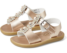 Load image into Gallery viewer, The Footmates Jasmine Sandals are a perfect combination of style and convenience. Made with leather and eco-friendly microfiber nappa uppers, they feature three double-flower appliques for a charming touch. The modern hook and loop straps, with false buckles, not only give the sandals a classic look but also make it easy for your child to put them on and take them off independently.
