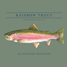Load image into Gallery viewer, Boys T-shirt in Hedge Green with Rainbow Trout Fish
