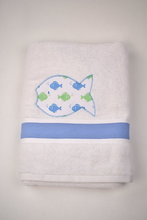 Load image into Gallery viewer, Find your perfect beach companion with our Embroidered Beach Towel from Funtasia Too! Featuring a stunning embroidered fish design on a white towel, this classic beach essential is available in three vibrant colors and designs. Experience comfort and style on your summer days with this must-have beach towel.
