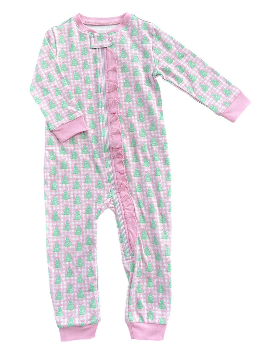 Cozy Christmas mornings just got cuter! These Pink Gingham Christmas Tree Zip Up Jammies from James & Lottie feature soft cotton footies in cheerful pink and white gingham with festive bright green trees scattered throughout. The convenient zip-up design makes bedtime and diaper changes effortless, while the matching sibling styles let you create picture-perfect holiday moments. Perfect for holiday photos, family gatherings, or simply spreading seasonal cheer at home. Give your little one the comfort an