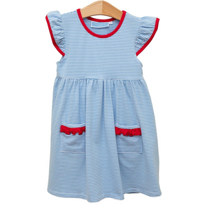 Introducing the Lucy Dress by Trotter Street Kids! This adorable everyday play dress is perfect for toddler girls. Made with soft cotton, it features a charming cornflower blue and white stripe pattern with pops of vibrant red detail. Dress your little one in comfort and style.