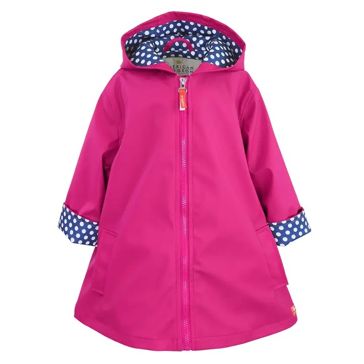 Stay stylish and dry with our Girls A-Line Raincoat! This customer favorite from American Widgeon features a playful polka-dot lining, a hooded zipper closure, and A-line shape for a flattering fit. Perfect for spring showers, stay fashionable and functional with this must-have raincoat. 

Shell: 100% Polyurethane Lining: 100% Polyester