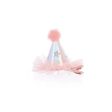 Load image into Gallery viewer, A starry tulle party hat to compliment any little one on her special day. It has an irridescent undertone with a tulle overlayer. The hat is topped with one single pom pom. Clip closure. One single alligator hair clip that is partially lined. H: 2 1/4 inches, Diameter: 1 1/2 inches

