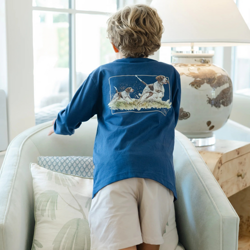 Beautifully painted pointer dogs decorate this timeless Long-Sleeve T-shirt, which is navy blue in color. It offers casual charm and daily comfort because it is made of soft and breathable cotton. This t-shirt is perfect for weekend wear and dog lovers. It looks great with jeans or joggers and its loose shape allows active kids to move freely throughout the day.